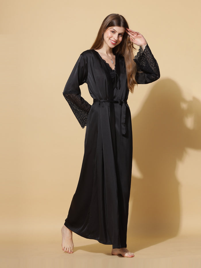 Black Bridal Nighty Dress With Long Robe Gown