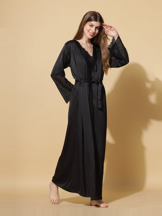 Black Bridal Nighty Dress With Long Robe Gown