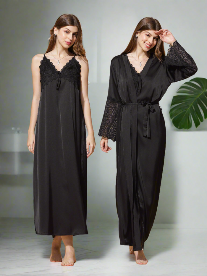 Black Bridal Nighty Dress With Long Robe Gown