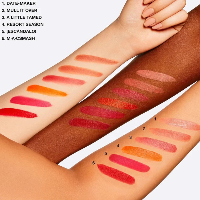 MAC Cosmetics Powder Kiss Liquid Lip Colour in various shades, new in box, featuring smooth, matte finish liquid lipstick.