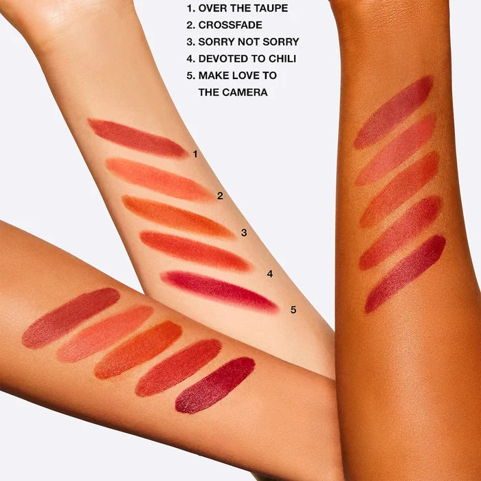 MAC Cosmetics Powder Kiss Liquid Lip Colour in various shades, featuring smooth, matte finish and lightweight formula.
