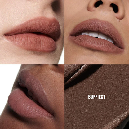 M.A.C Powder Kiss Liquid Lip Colour in various shades, displayed in a beauty product image with creamy, matte finish lips.