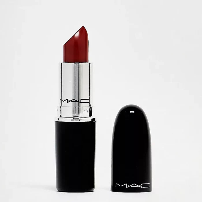M.A.C LustreGlass Lipstick in Chili Popper, unopened, showing the sleek black tube and vibrant coral lipstick inside.
