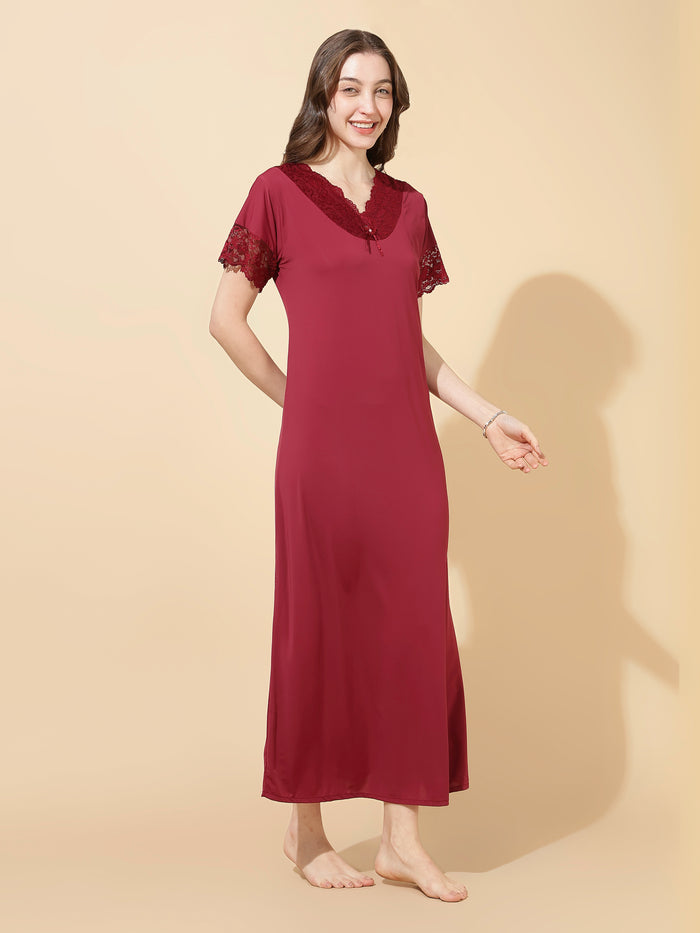 Royal maroon soft malai modal lace night dress for women