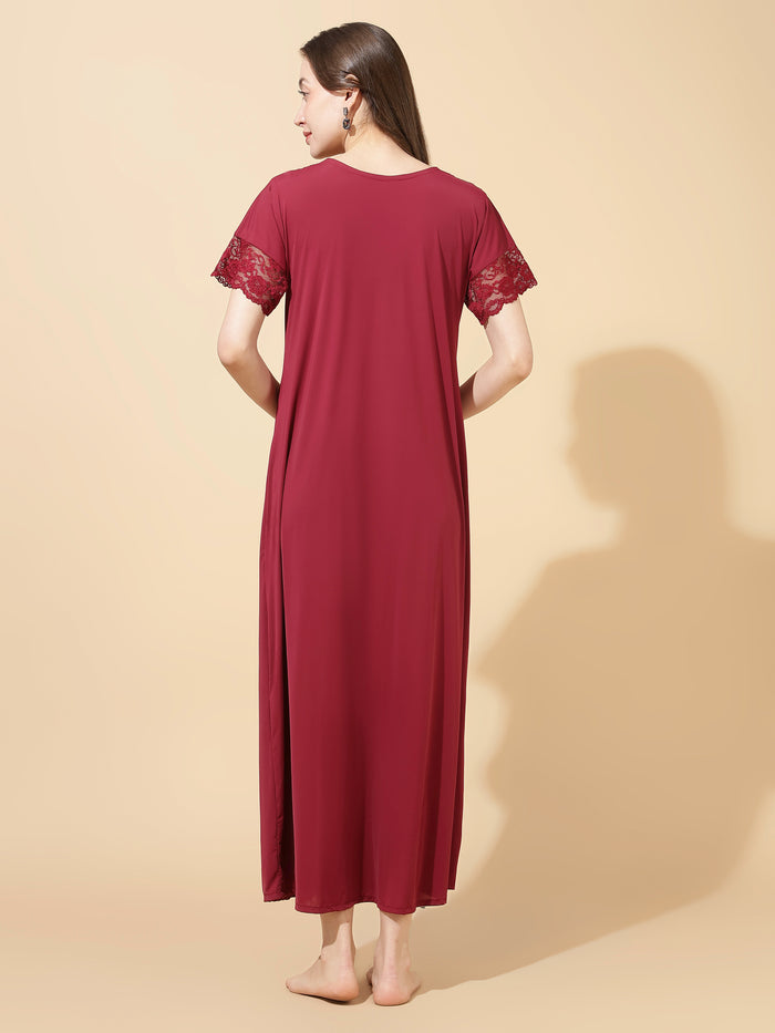 Royal maroon soft malai modal lace night dress for women