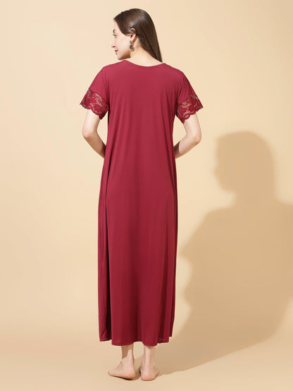 Royal maroon soft malai modal lace night dress for women