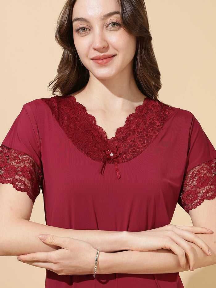 Royal maroon soft malai modal lace night dress for women