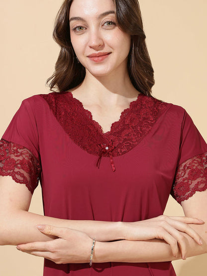 Royal maroon soft malai modal lace night dress for women