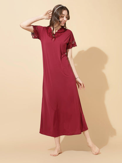 Royal maroon soft malai modal lace night dress for women