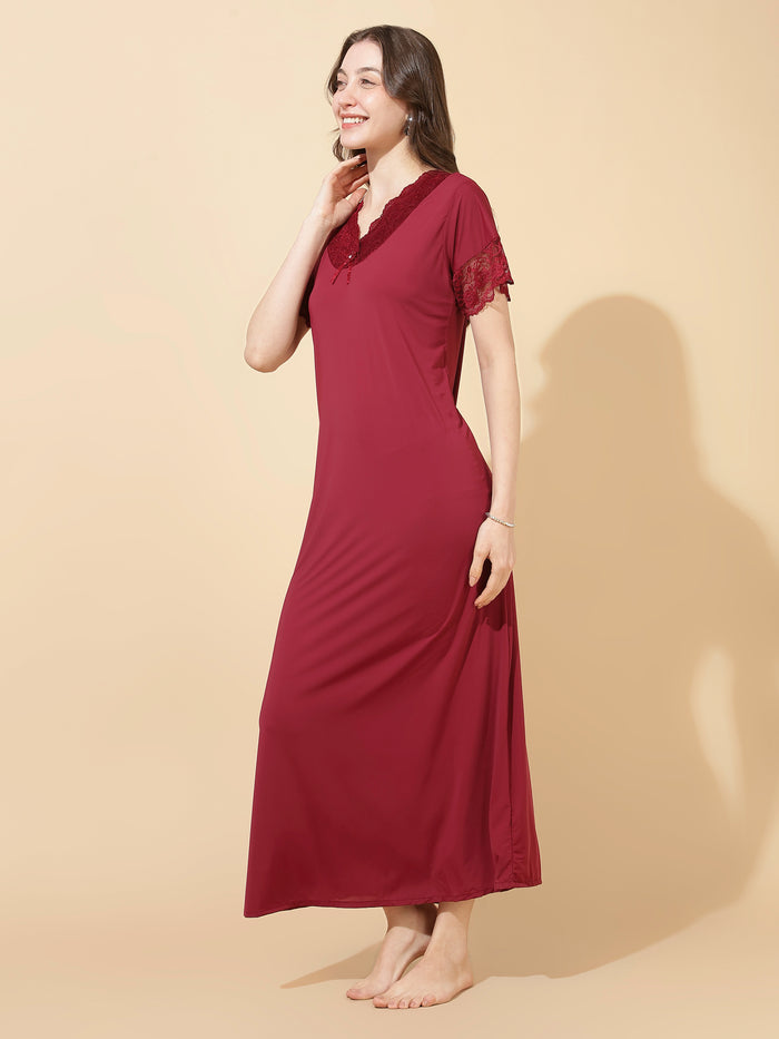 Royal maroon soft malai modal lace night dress for women