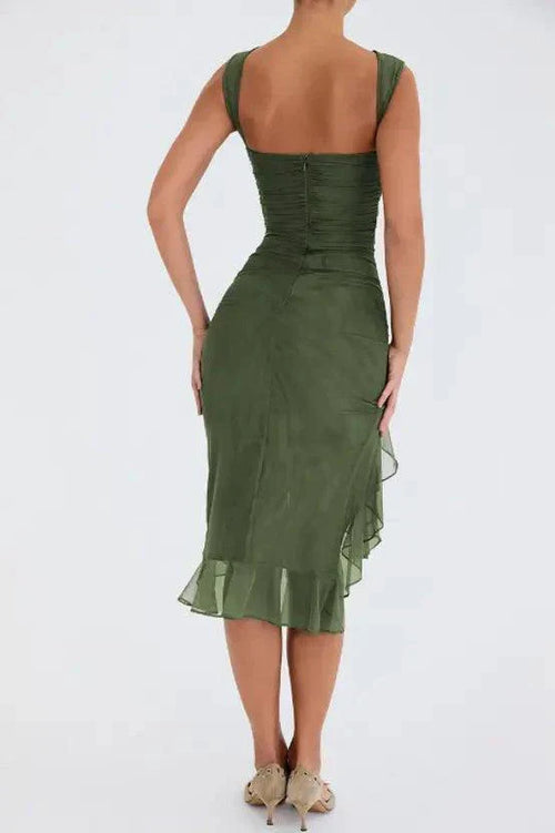 Mandotos Olive Green Ruffled Midi Dress With Ruched Bodice And Tiered Hem For Summer