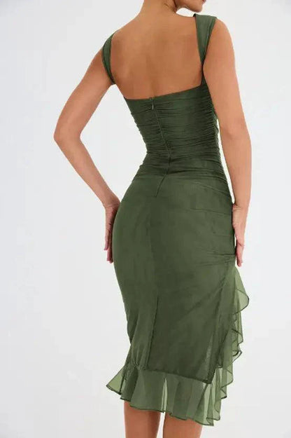 Mandotos Olive Green Ruffled Midi Dress With Ruched Bodice And Tiered Hem For Summer