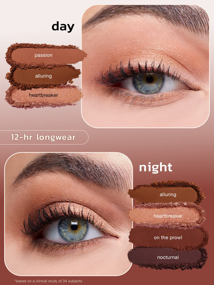 Eyeshadow swatches and application on eyes with 'day' and 'night' labels.