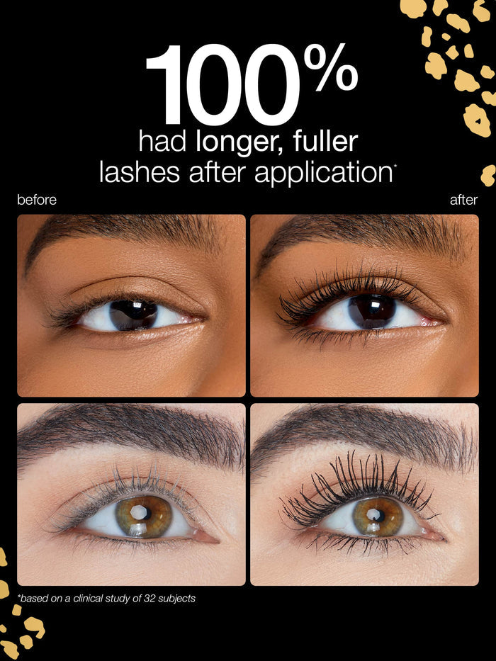 Before and after comparison of eye lashes with text indicating longer, fuller lashes after application.