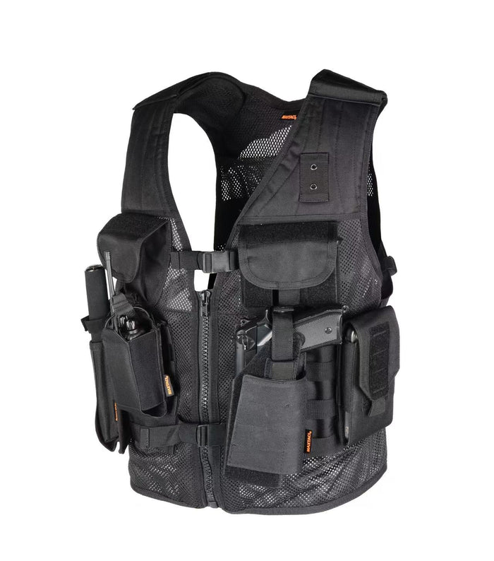 Black tactical vest with multiple pockets and compartments on a white background