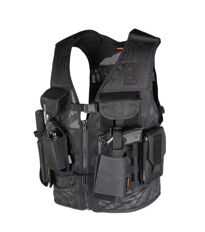 Black tactical vest with multiple pockets and compartments on a white background