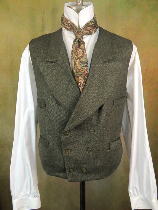 Men's Double Breasted Vest - Dark Mini Herringbone with Blue Flecks