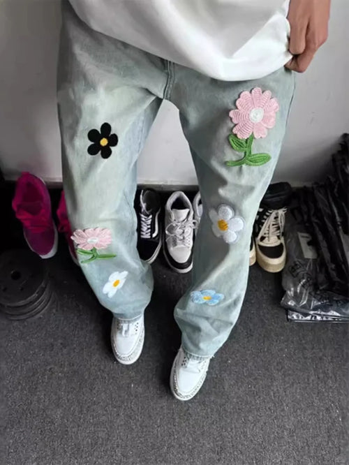 Men's Floral Wide Leg Jeans