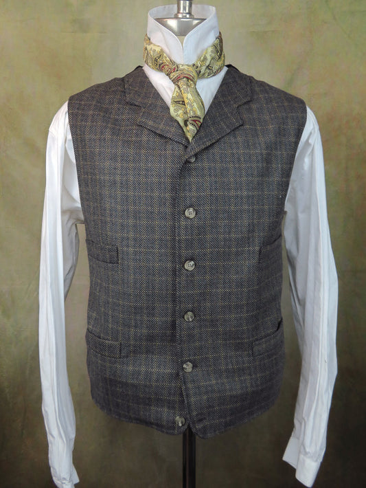 Men's Notch Vest - Navy and Gold Chalk Stripe Windowpane #4920