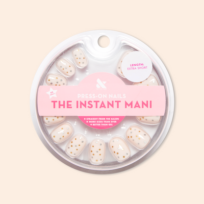 Metallic Confetti - Press-On | Extra Short | Round with white base and multi-colored metallic dot design for quick at home mani