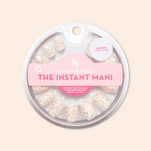 Metallic Confetti - Press-On | Extra Short | Round with white base and multi-colored metallic dot design for quick at home mani