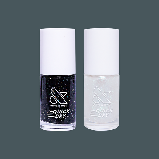 Meteor Shower quick dry polish set with shimmering black and sparkly topper for long-lasting at-home manicure.