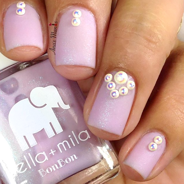 Midnight in Paris lavender nail polish with pearl and rhinestone nail art