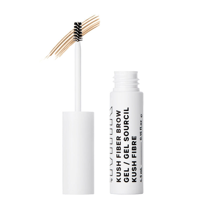 Milk Makeup Kush Brow Gel in Haze (Warm Blonde) with a clear tube and wand, showcasing the brow gel's texture and applicator.