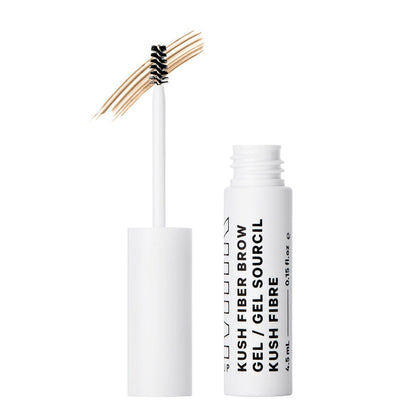 Milk Makeup Kush Brow Gel in Haze (Warm Blonde) with a clear tube and wand, showcasing the brow gel's texture and applicator.