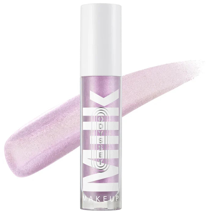 Milk Makeup Odyssey Hydrating Non-Sticky Lip Oil Gloss in various shades, featuring a sleek applicator and glossy finish.