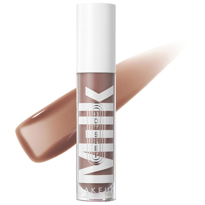Milk Makeup Odyssey Hydrating Non-Sticky Lip Oil Gloss in various shades, featuring a sleek tube and glossy finish.