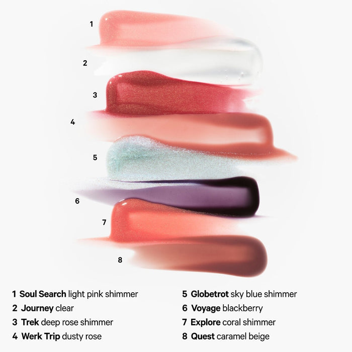 Milk Makeup Odyssey Hydrating Lip Oil Gloss in various shades, featuring a sleek tube with a shiny, non-sticky finish.