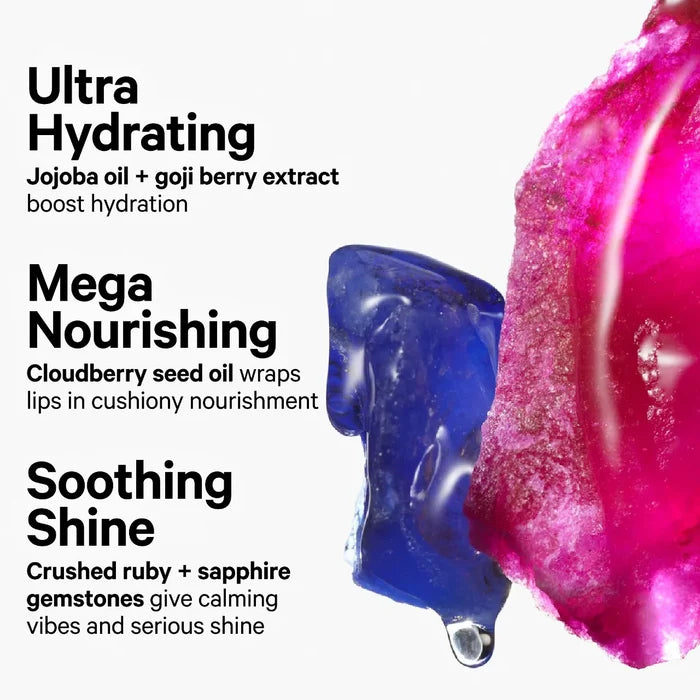 Milk Makeup Odyssey Hydrating Lip Oil Gloss in various shades, featuring a non-sticky, glossy finish on the lips.