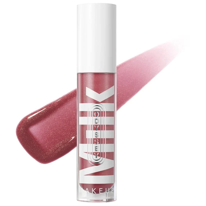 Milk Makeup Odyssey Hydrating Lip Oil Gloss in various shades, featuring non-sticky, glossy finish, new in box.