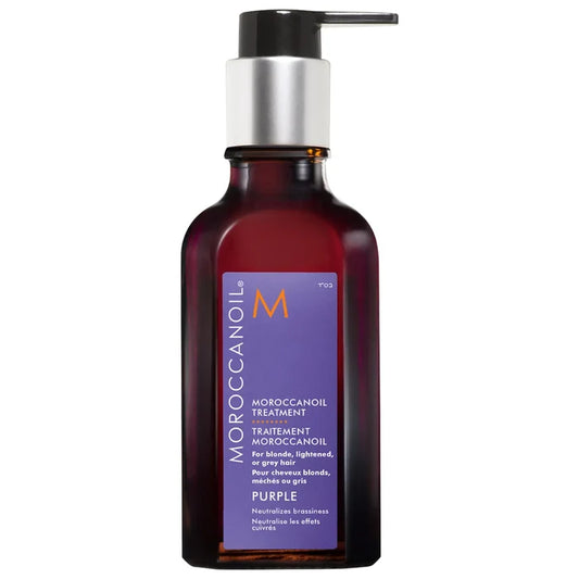 Moroccanoil Treatment Purple Hair Oil for blonde hair, 50ml, with a sleek bottle and purple label, designed to nourish and enhance blonde hair.