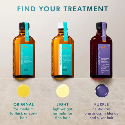 Moroccanoil Treatment purple hair oil for blonde hair, 50ml, bottle with pump and purple label, new unopened, in beauty product image.