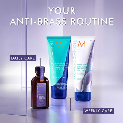 Moroccanoil Treatment purple hair oil for blonde hair, 50ml bottle, smooths and nourishes damaged or dry blonde hair.