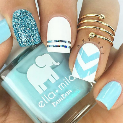 My Baby Blue nail polish with white chevron and blue glitter accent nail art