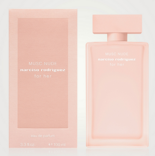 Narciso Rodriguez For Her Musc Nude Eau de Parfum 100ml bottle, elegant design, showcasing the perfume's branding and packaging.