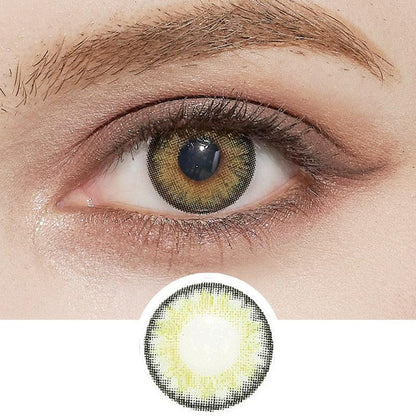 A close-up of a human eye wearing NEO Vision's Cosmo Green contact lens, with an inset image below displaying the design of this cosmetic lens.