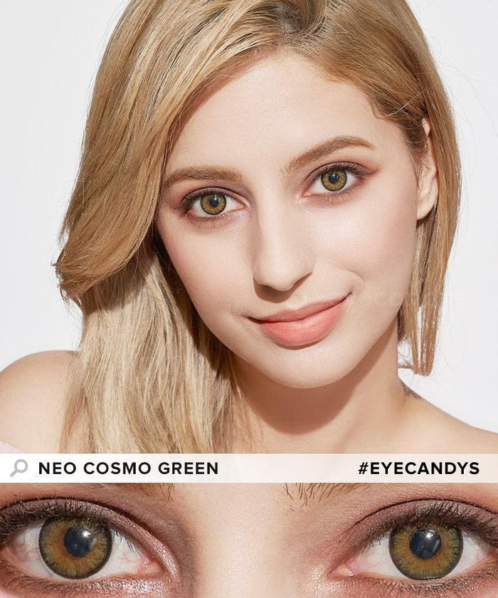 A woman with blonde hair and light skin wears NEO Vision Cosmo Green lenses by NEO Vision. The image features a close-up of her face above and a detailed view of her green eyes below, with text: "NEO VISION COSMO GREEN #EYECANDYS.