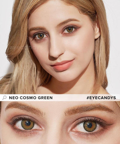 A woman with light skin and blonde hair wears NEO Vision Cosmo Green lenses, shown in a close-up of her eyes and a full-face view. The image features the brand name "NEO Vision" and product name "Cosmo Green.