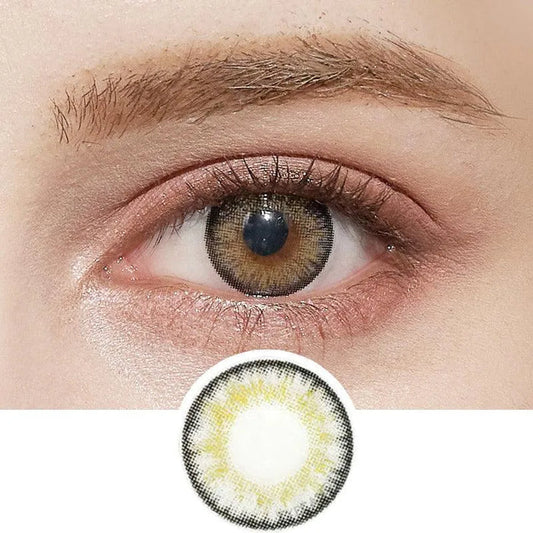 A close-up of an eye wearing NEO Vision Cosmo Grey coloured contact lenses by NEO Vision, featuring a grey patterned design. Below the eye, a separate image shows the detailed cosmetic lens design.
