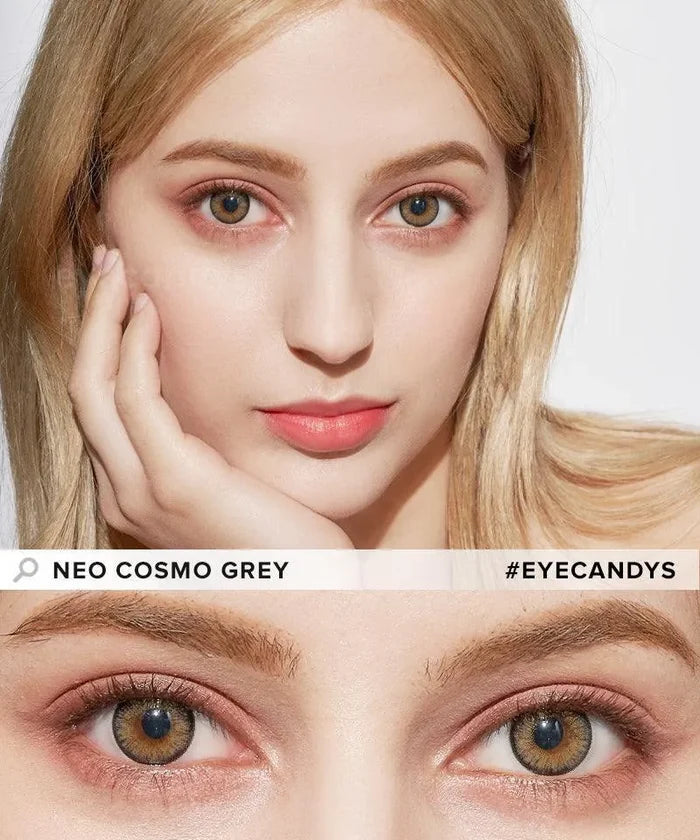 A woman with fair skin and blonde hair gazes at the camera, showcasing her brown eyes enhanced by NEO Vision Cosmo Grey lenses from NEO Vision. Text reads "NEO VISION COSMO GREY #EYECANDYS"—ideal for coloured contact lens seekers.