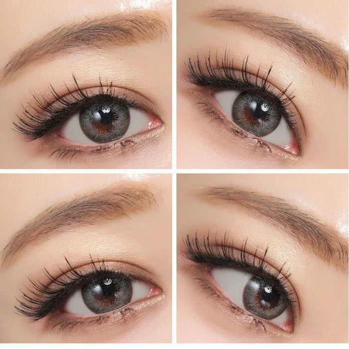 Four close-up shots show an eye wearing NEO Vision Extra Dali Grey lenses by NEO Vision, with long lashes and defined brows, captured from various angles to showcase the distinctive lens color and eye makeup.