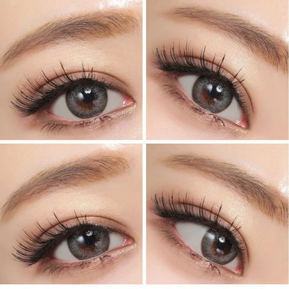 Four close-up shots show an eye wearing NEO Vision Extra Dali Grey lenses by NEO Vision, with long lashes and defined brows, captured from various angles to showcase the distinctive lens color and eye makeup.