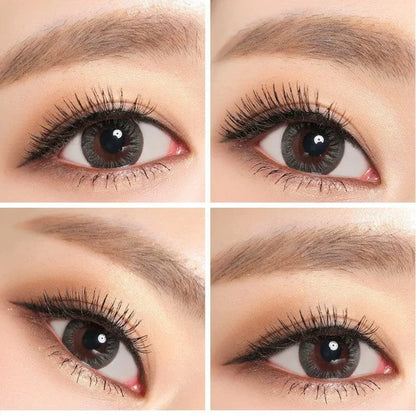 A collage of four close-ups shows the same brown eye with long curled lashes, defined brows, natural makeup, and NEO Vision Monet Grey (Custom Toric for Astigmatism) contact lenses by NEO Vision for a subtle grey effect.