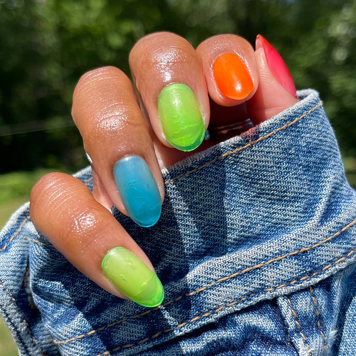 Neon Rainbow Jelly - Press-On | Medium | Oval medium oval false nails in vibrant neon jelly shades for easy at-home mani