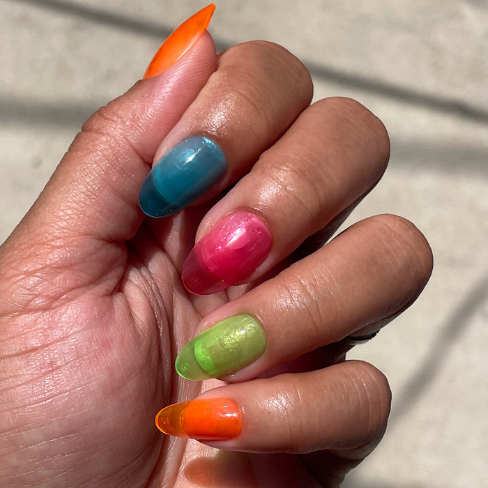 Neon Rainbow Jelly - Press-On | Medium | Oval medium oval false nails in multicolor jelly neon shades for easy at-home mani