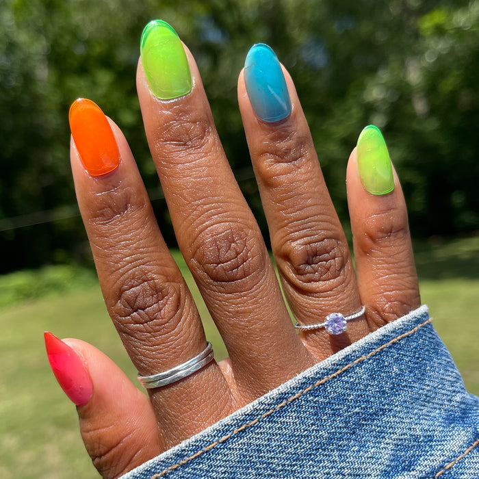 Neon Rainbow Jelly - Press-On | Medium | Oval medium oval false nails in bright neon jelly shades for easy at-home mani